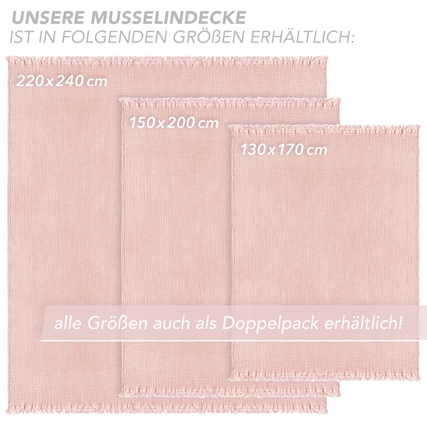 Pure Label 2-piece set Muslin blankets 220x240cm - Oeko-Tex certified cotton bedspreads | Muslin throw blankets for couch & sofa in XXL | Double pack 220 x 240 cm, color of the blanket Pink