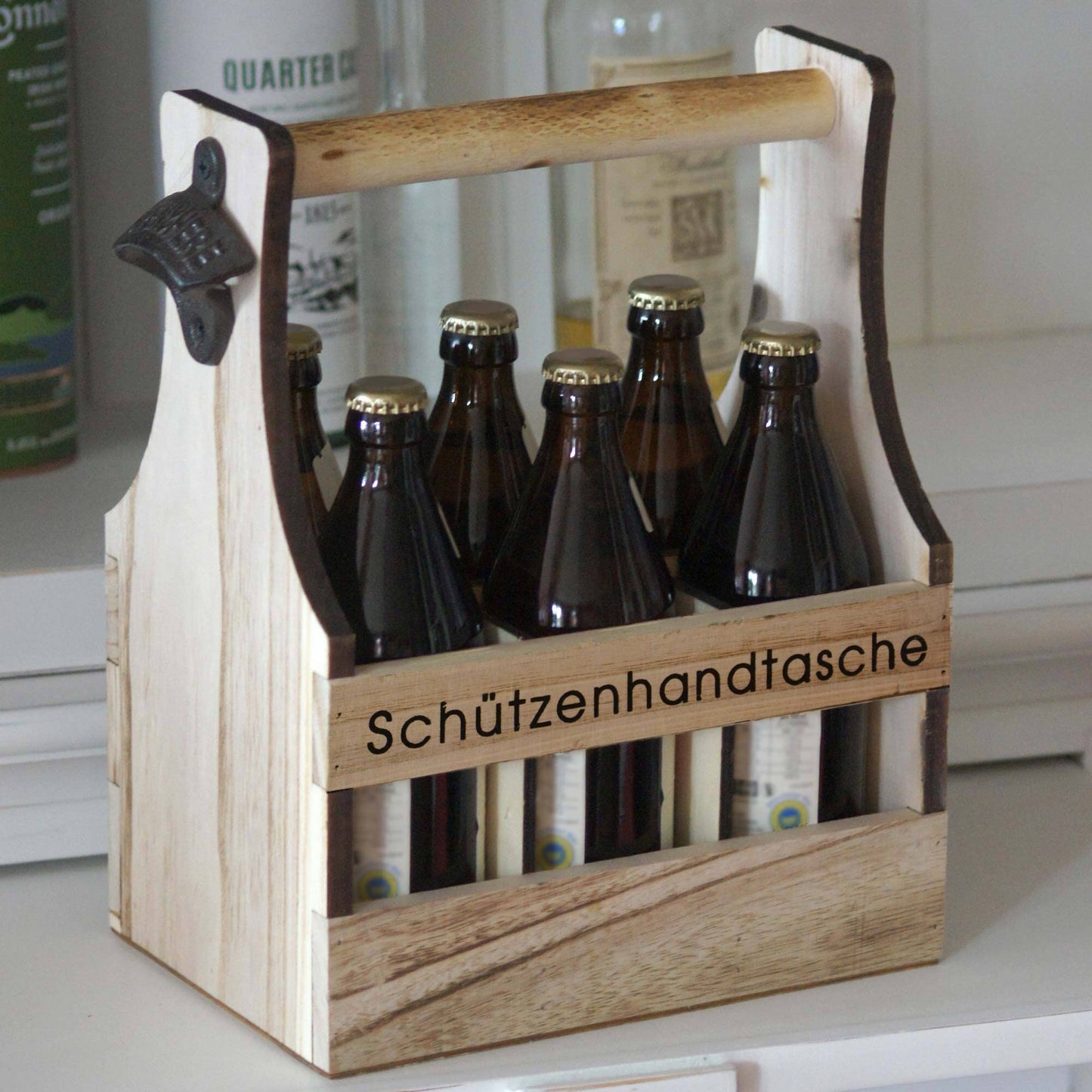 UNUS Home protective handbag beer, wooden 6-bottle carrier, beer holder with bottle opener, gift idea for men, shooting festival, Father's Day