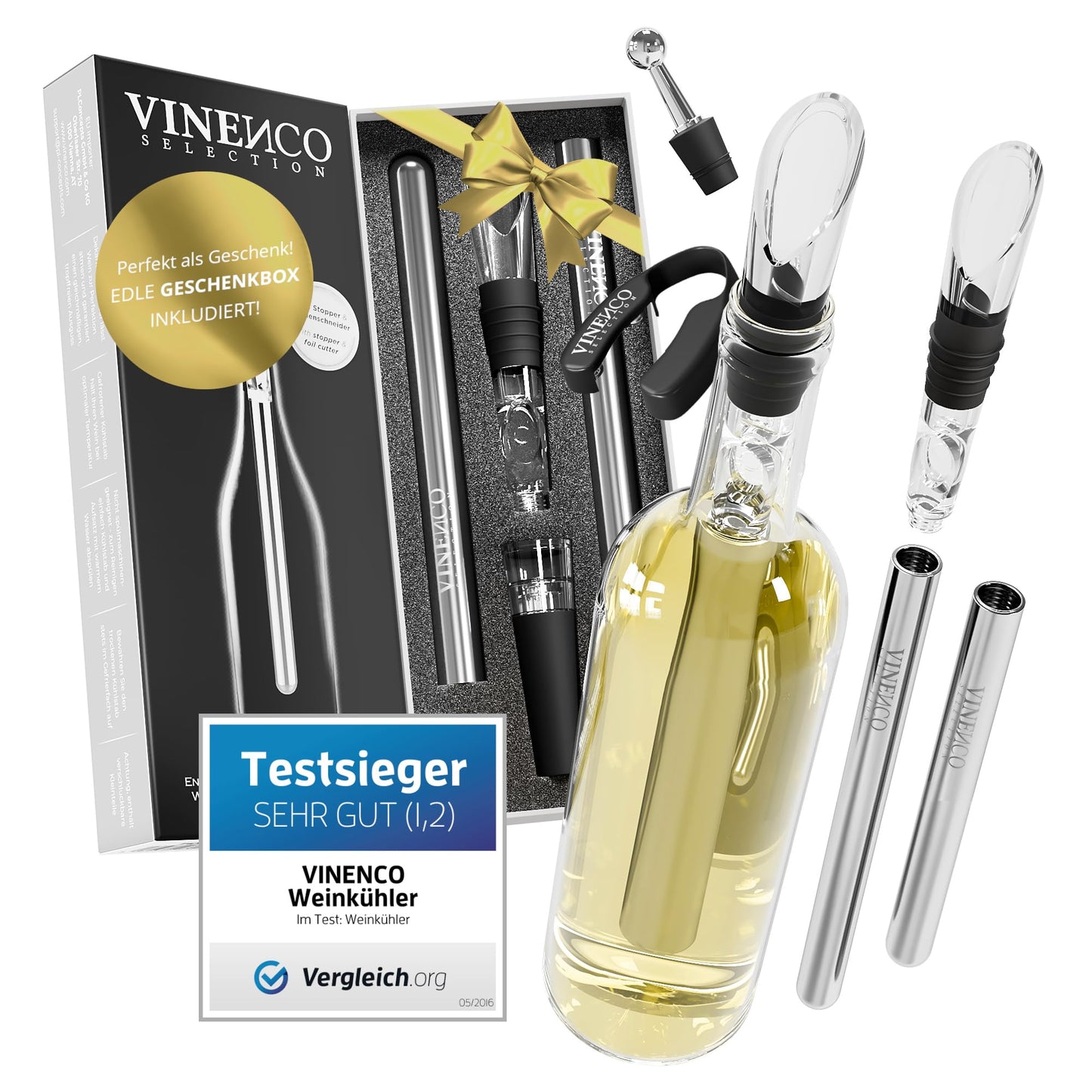 VINENCO Wine Cooler Set THE ORIGINAL, Bottle Cooler + Decanter 7-in-1 Premium Wine Accessories: Stainless Steel Bottle Wine Cooling Rod + Decanter Aerator + Pourer | Bar Gift Women Men, Red- White Wine