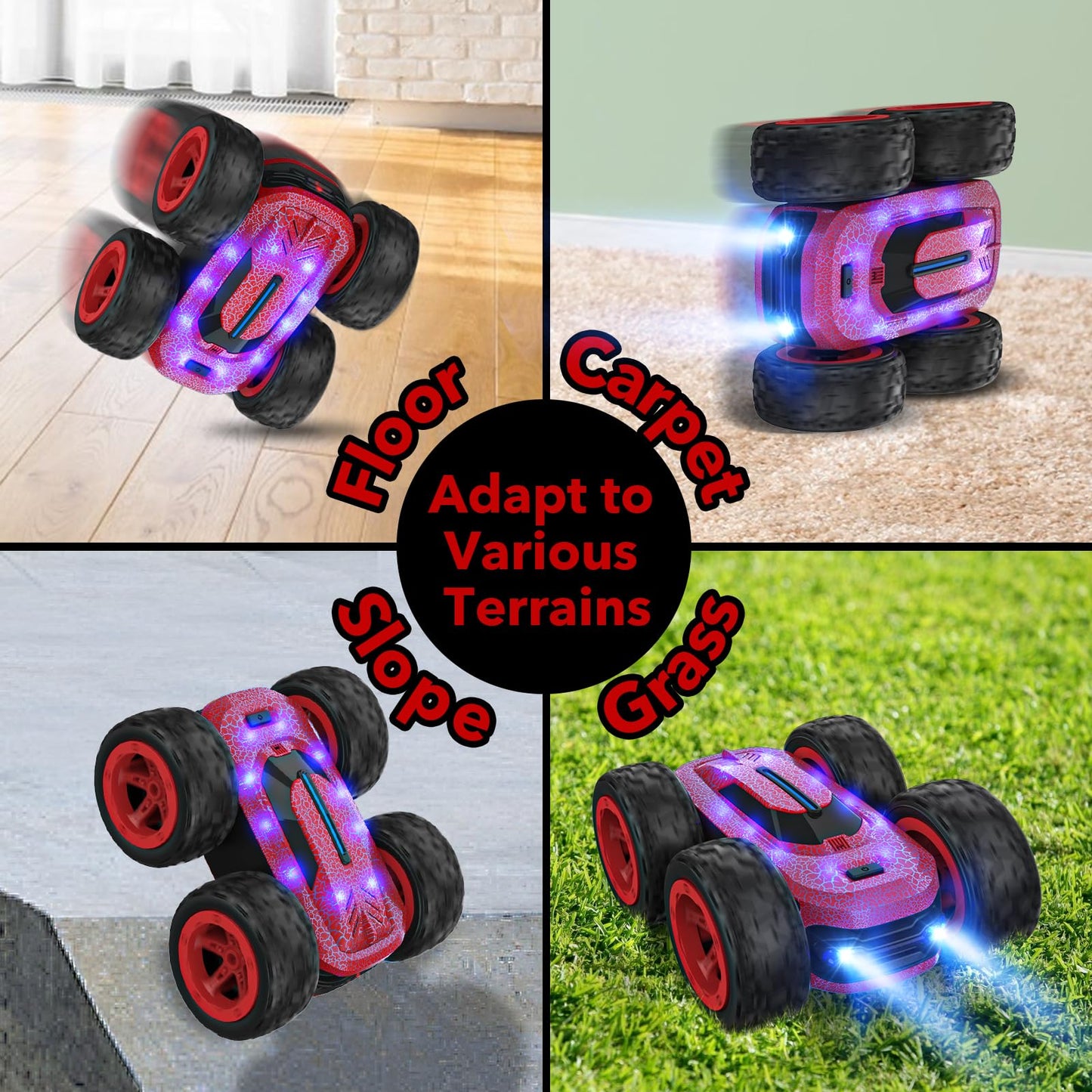 Remote control car for kids aged 3-12 years. 4WD RC car with 2.4Ghz frequency, 360° LED lights, stunt drift capabilities. Perfect toy for indoor/outdoor play, great for Christmas or birthday gifts for boys and girls.