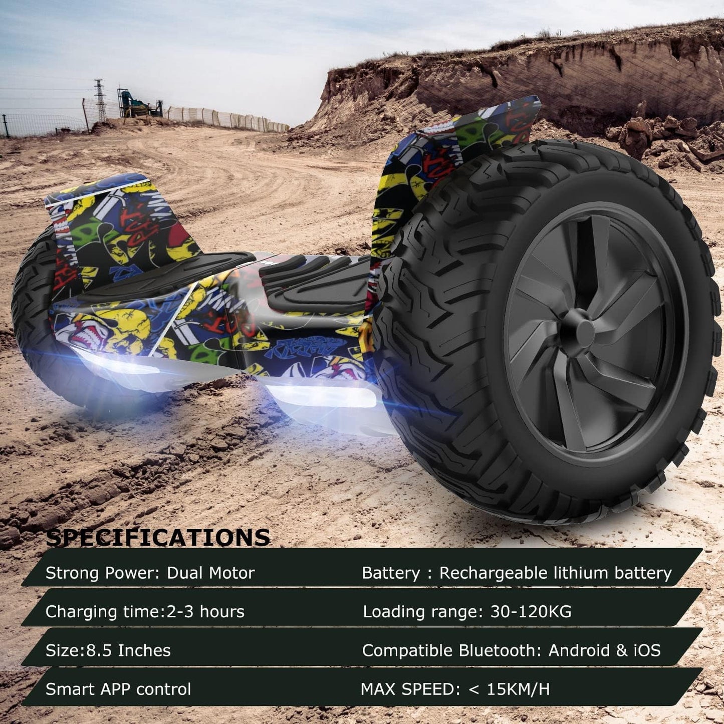 GeekMe 8.5 inch Offroad SUV Hoverboards with APP, Bluetooth Speaker, Dual Motor, LED Lights, All Terrain Hoverboards for Kids and Adults.