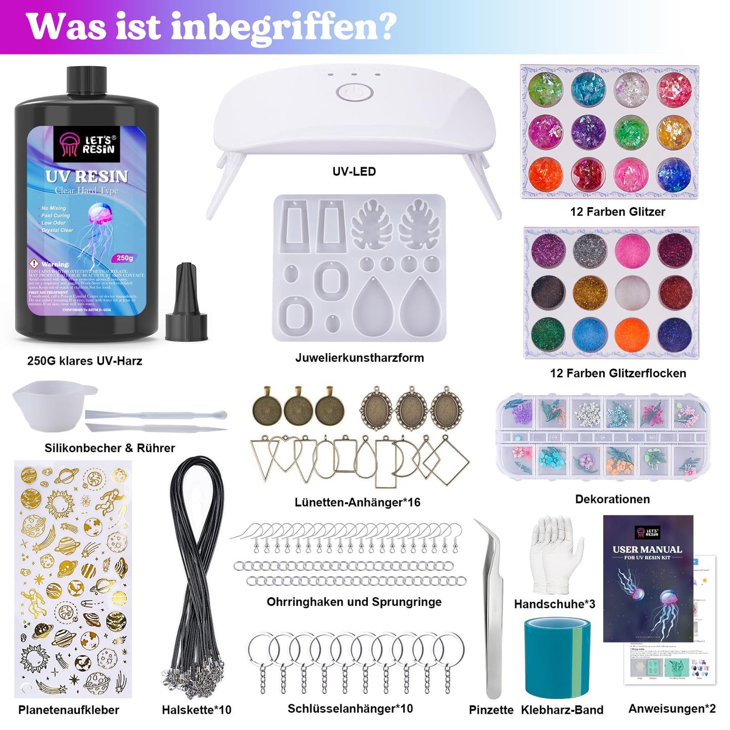 LET'S RESIN UV Resin Set with UV Lamp, 153Pcs UV Glue with Lamp Set, UV Resin Set for keychains, jewelry