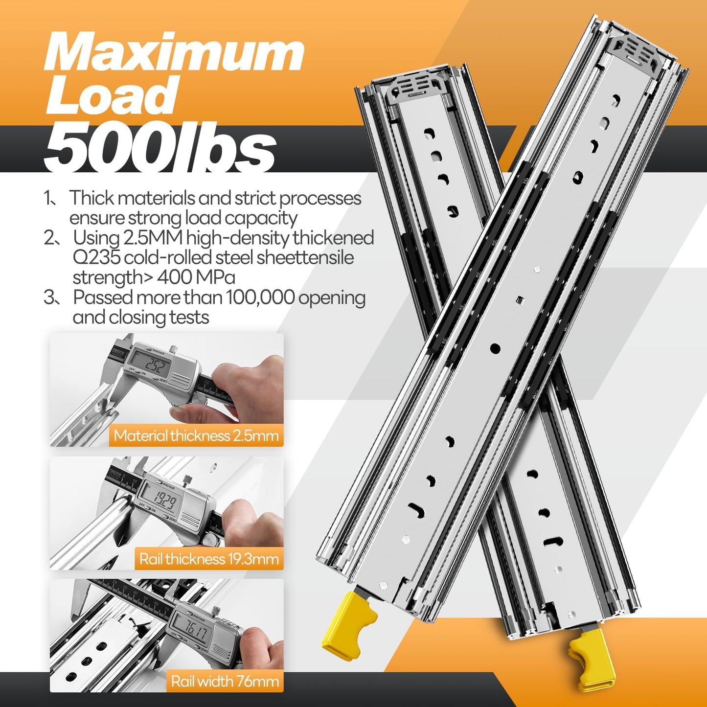SHUHANG Heavy Duty Drawer Slides Full Extension 900mm with Lock, Capacity 220KG, Ball Bearing Drawer Runners, Side Mount, 1 Pair (2 pieces)