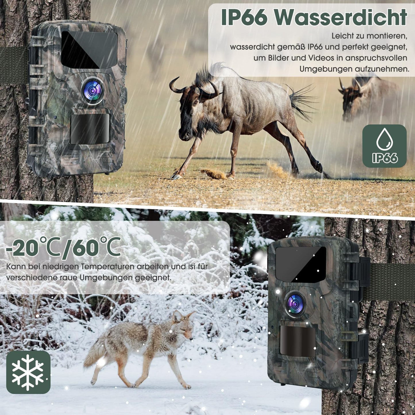 Nigecue 4K 40MP wildlife camera with motion sensor night vision, 32GB memory card, 0.2s trigger speed, IP66 waterproof 120° wide angle for wildlife monitoring.