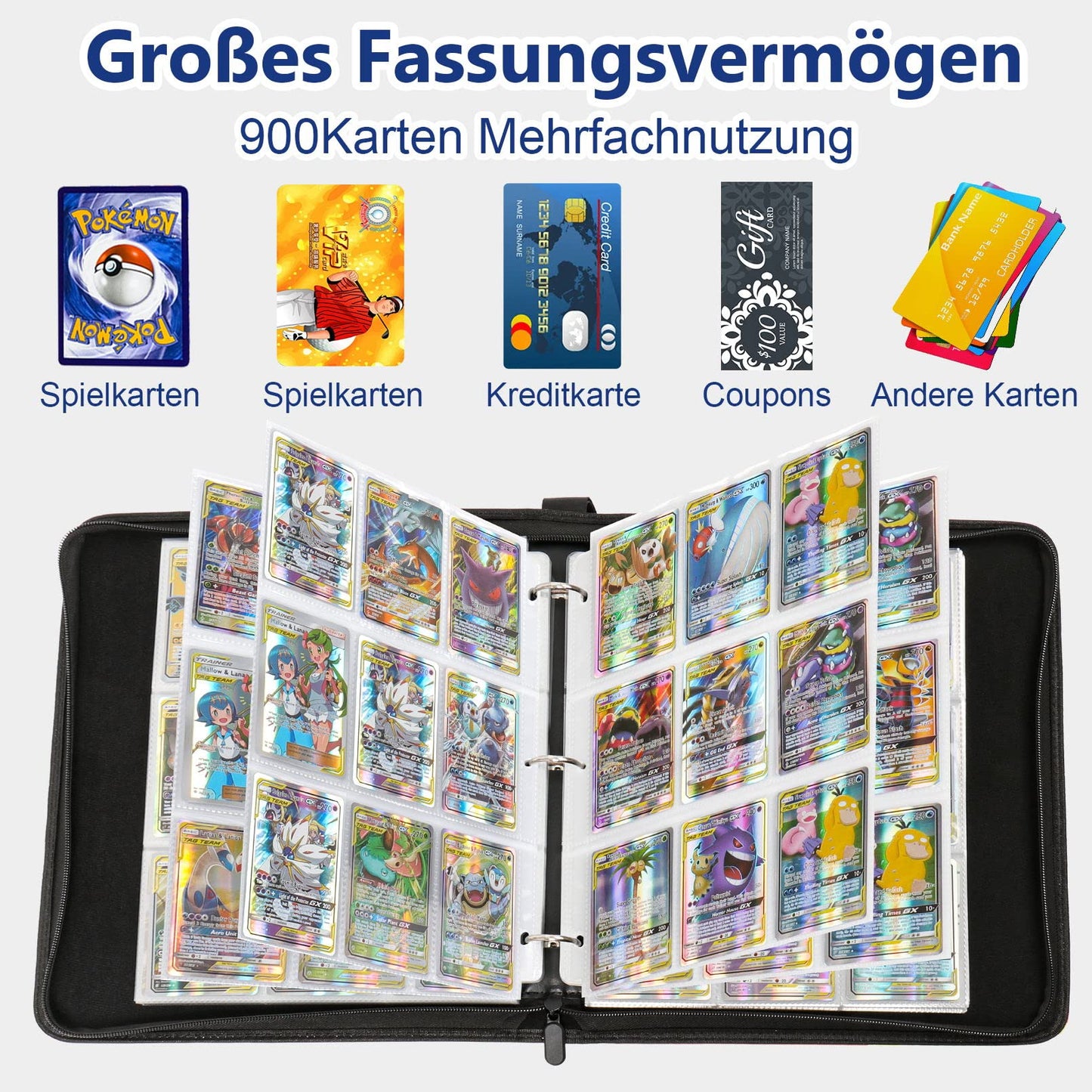 Collectible album for Pokemon cards, 50 pages 900 pockets card binder, Portable waterproof PU card holder, Collectible card albums. It is the perfect gift for kids. 50 pcs per page.