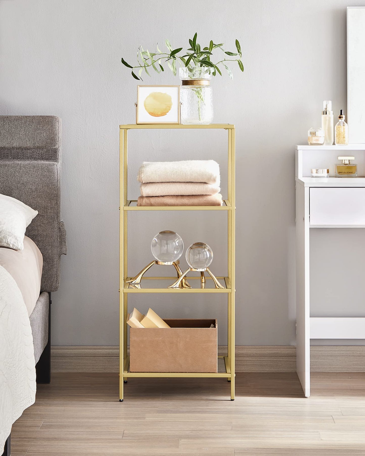 VASAGLE 4-tier shelf, bathroom shelving unit, tempered glass, easy assembly, for bathroom, living room, kitchen, office, clear-metallic gold LGT28G