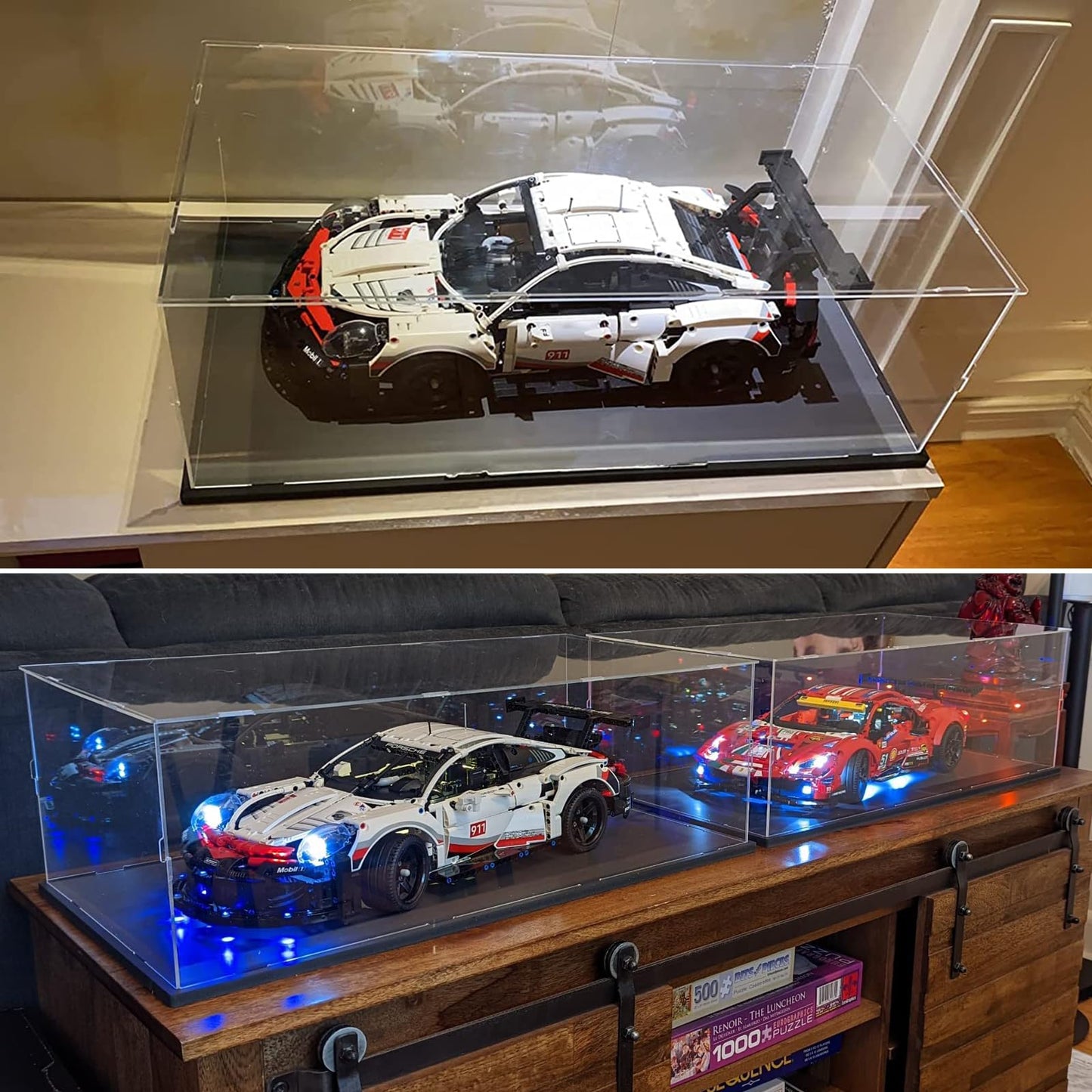 Acrylic display case for Lego 42172 McLaren P1 42143 42096 42156 42115 model cars collectibles, glass showcase acrylic box clear large with wood-plastic base & lights, black interior 60x30x20cm