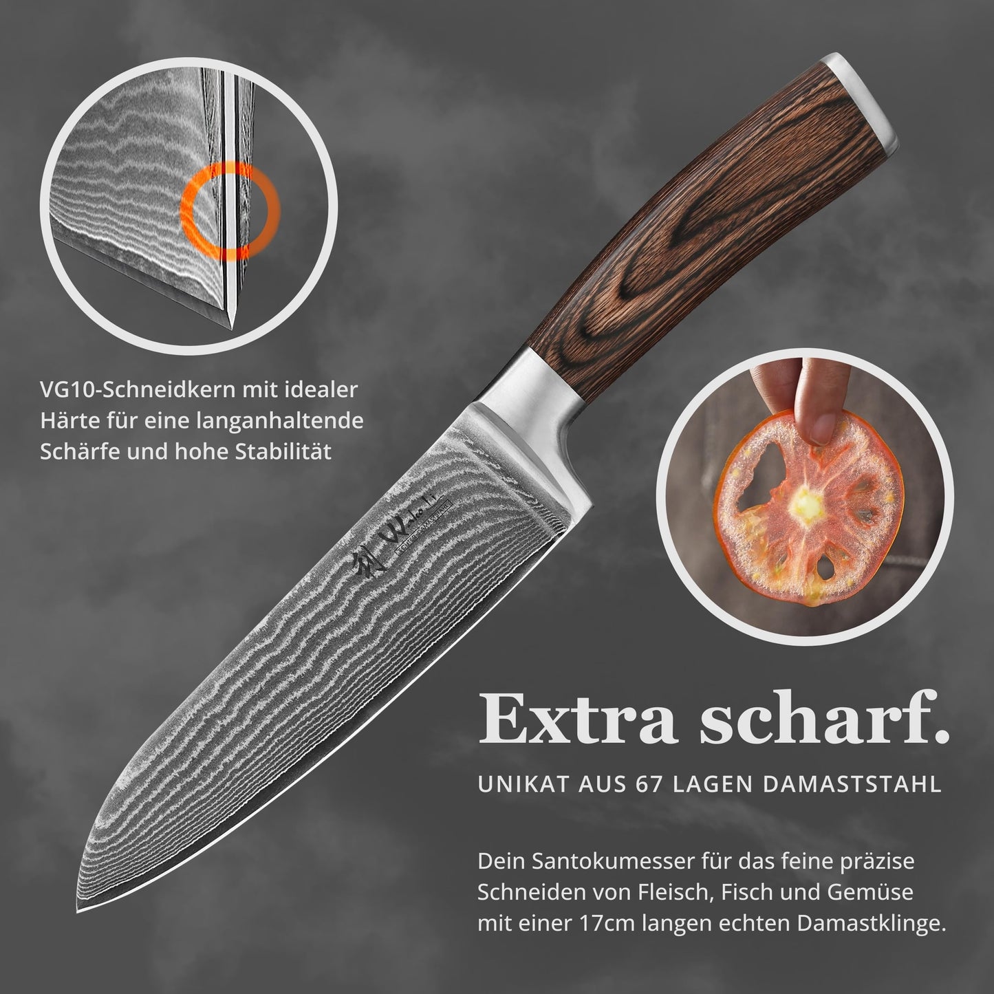 Wakoli EDIB Damascus Santoku Knife, 17cm blade, 67 layers of Damascus steel, VG10 core & Pakka wood handle. Sharp kitchen knife, Damascus knife in gift box for amateur & professional chefs.