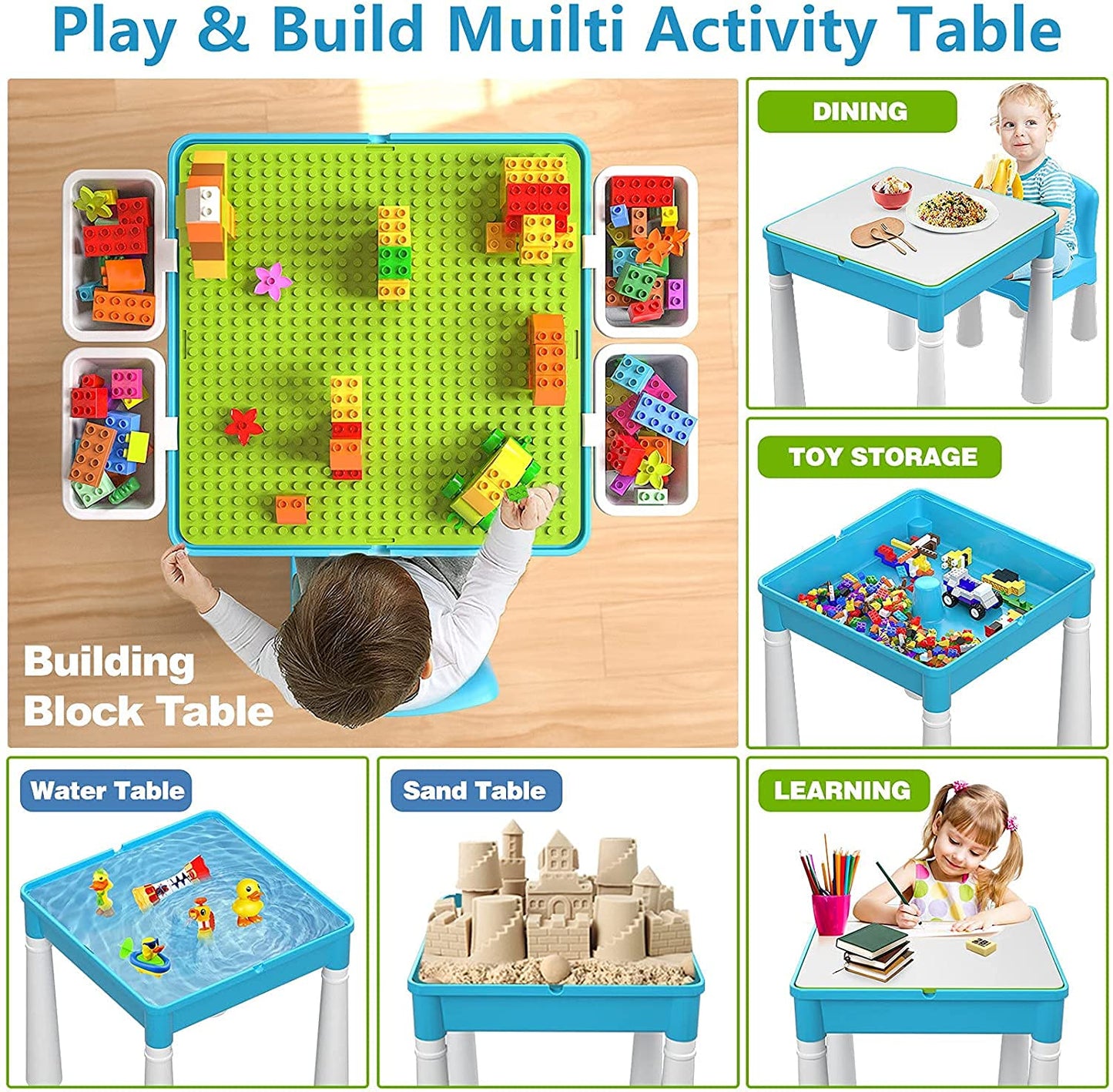 Burgkidz 5-in-1 Children's Activity Table Set - 128 Pieces Compatible with Building Blocks Toys, Play Table Includes 1 Chair and Building Block Table with Storage, Green Base Plate/Blue Color