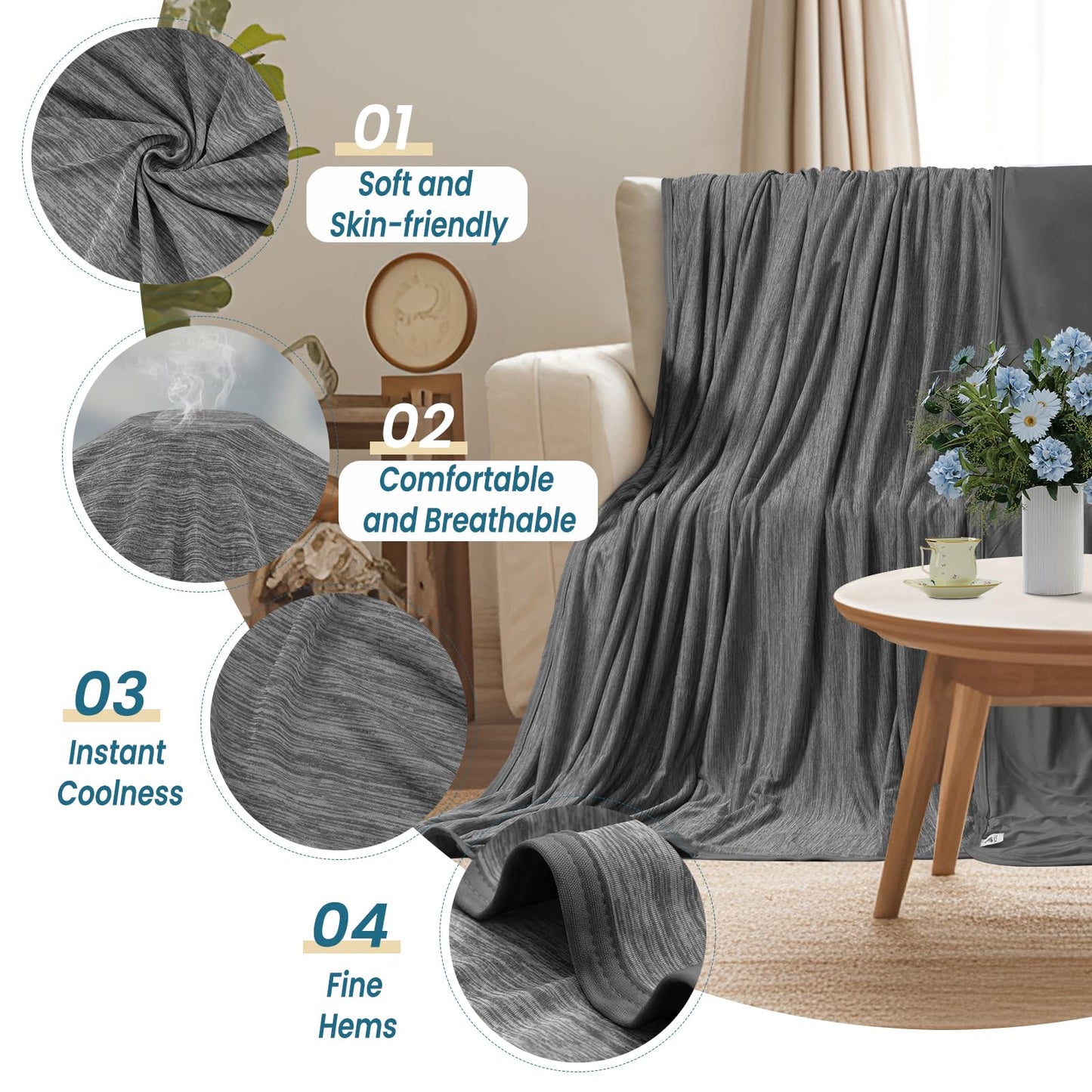 WOLTU Cooling Blanket 2 in 1, Summer Blanket Arc-Chill, Q-Max > 0.45, Double-sided Blanket for Summer, self-cooling breathable light, 220 x 240 cm, Gray
