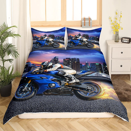 Tbrand Motorcycle Pattern Bedding Set 135x200cm Teen Cool Motorcycle Rider Bed Set for Kids Boys Extreme Sports Theme Duvet Cover Set Modern City Building Room Decor