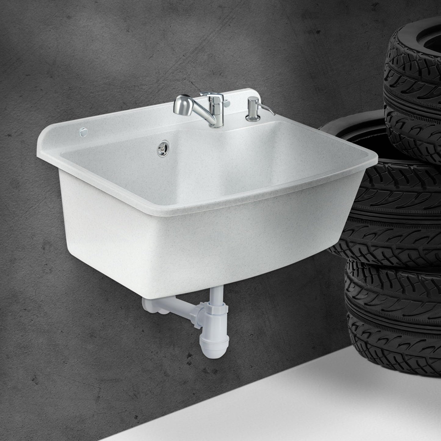GOSPO Sink basin with pull-out faucet, washbasin 61 x 44 x 23.5 cm, utility sink with soap dispenser, siphon, sink including accessories, utility room, industrial washbasin (white)