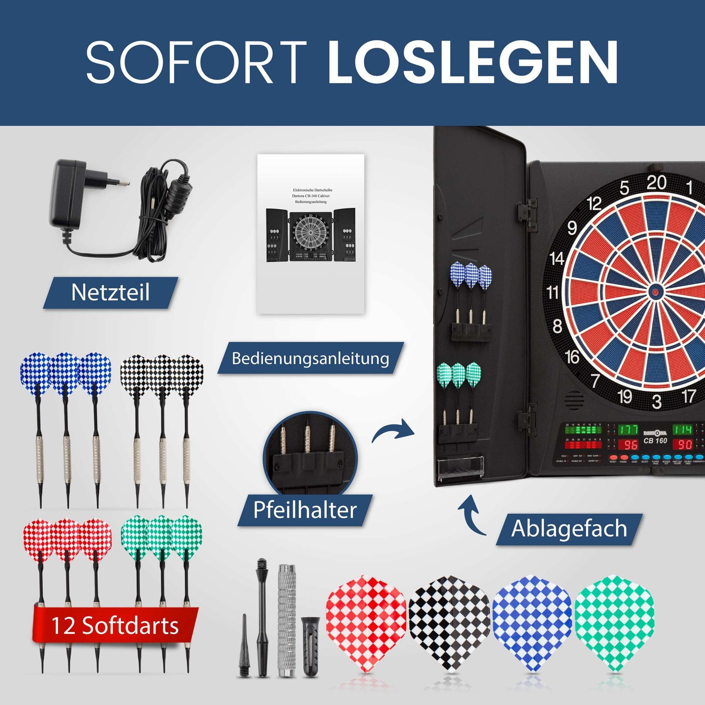 Electronic Dartboard Dartona CB160 Cabinet | Official tournament size | Electronic darts board | Tournament board with 33 games and over 160 variations.
