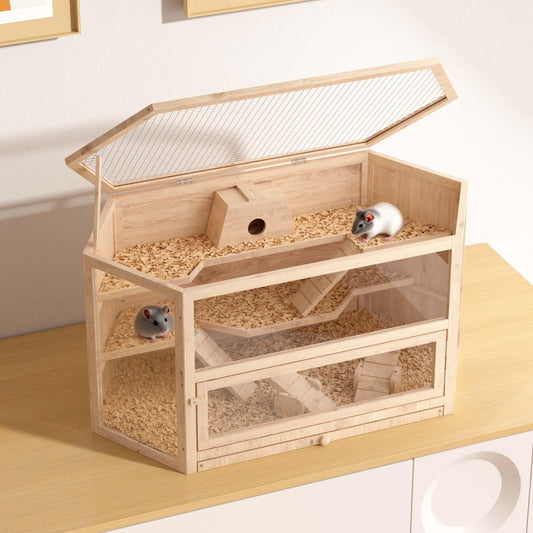 Wiltec XXL 3 level rodent cage, hexagonal, 1150 x 600 x 580 mm, made of wood, with foldable lid & viewing window, small animal house mouse cage hamster cage