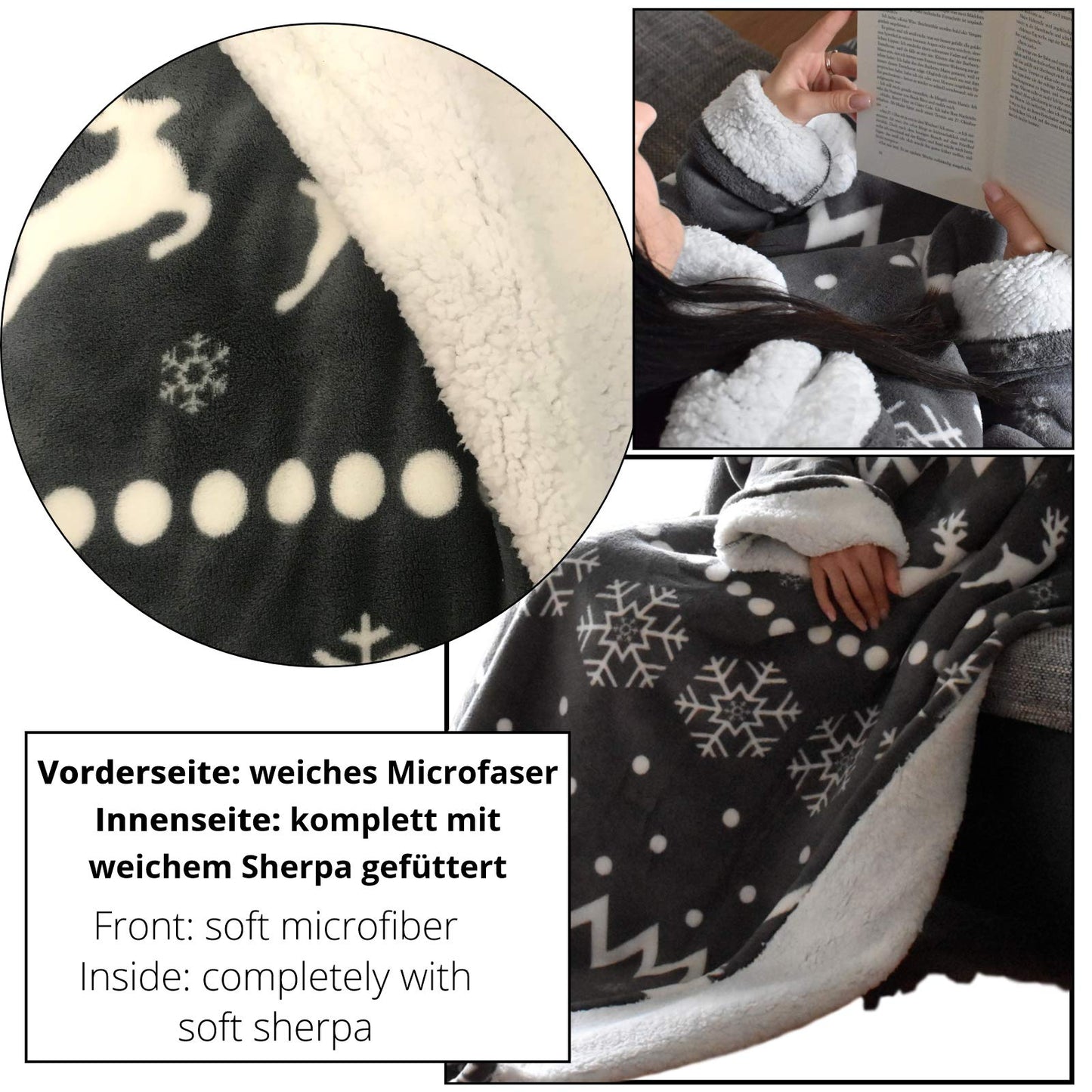 HOMELEVEL Sherpa Blanket with Sleeves - 200x150cm Snuggle Blanket with Sleeves - Blanket Hoodie Sleeve Blanket - Blanket with sleeves to wear - Blanket Sweater Portable Blanket - Dark Grey