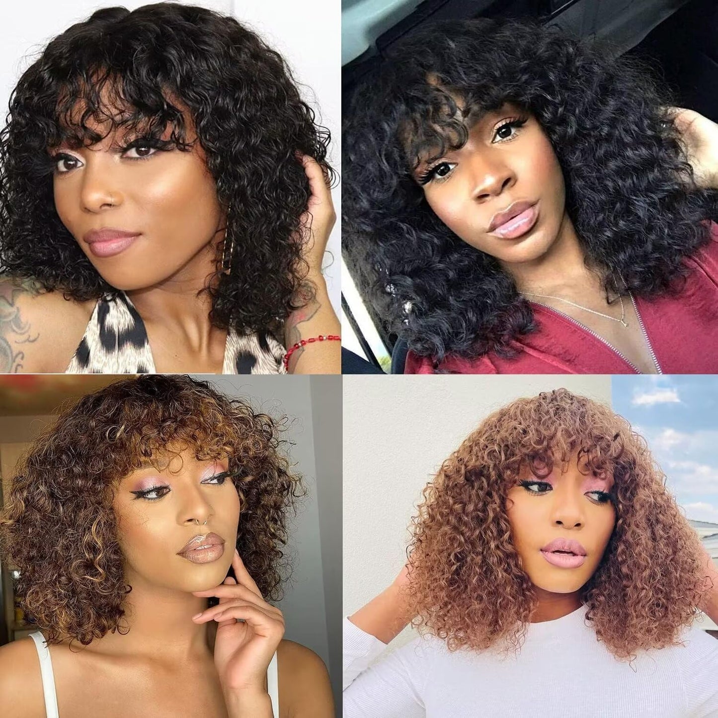 Real hair wig with bangs Short curly bob wig Real hair Jerry curl bob wig for black women 150% density Non lace front Glueless wig 10 inches (25 cm)