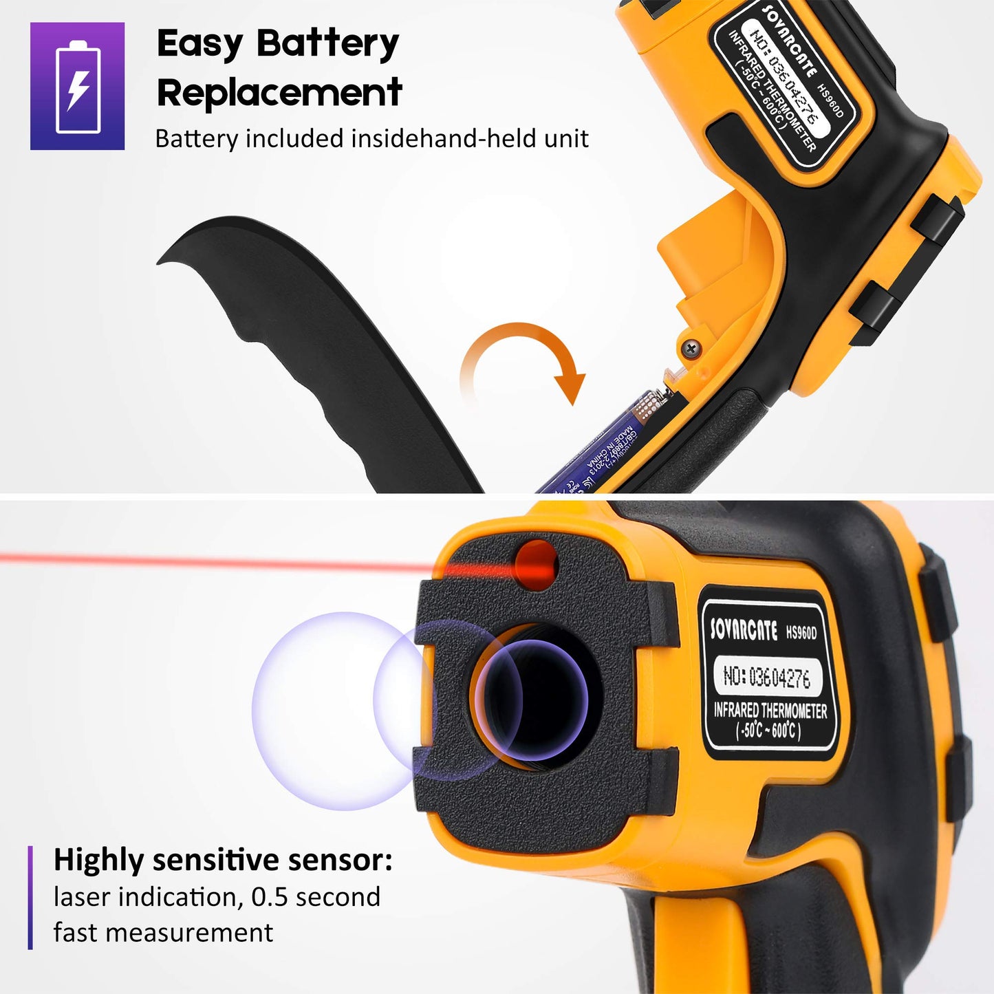 Infrared Thermometer SOVARCATE Digital Laser Temperature Gun -58°F~1112°F (-50°C~600°C) Non-Contact Non-Human Body Thermometer - for Cooking/Barbecue/Freezer/Industrial