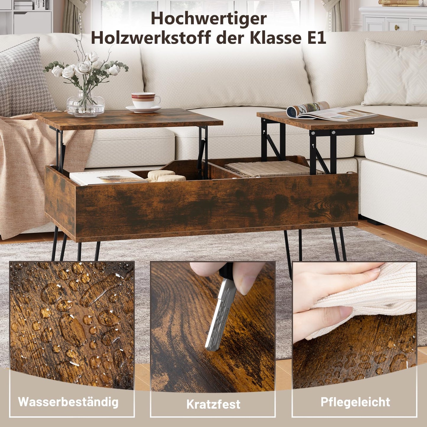 WOLTU coffee table adjustable in height, side table with double lifting plates, lift-top table, living room table, hidden storage space, rustic brown, wood-metal composite, BTS14vbn
