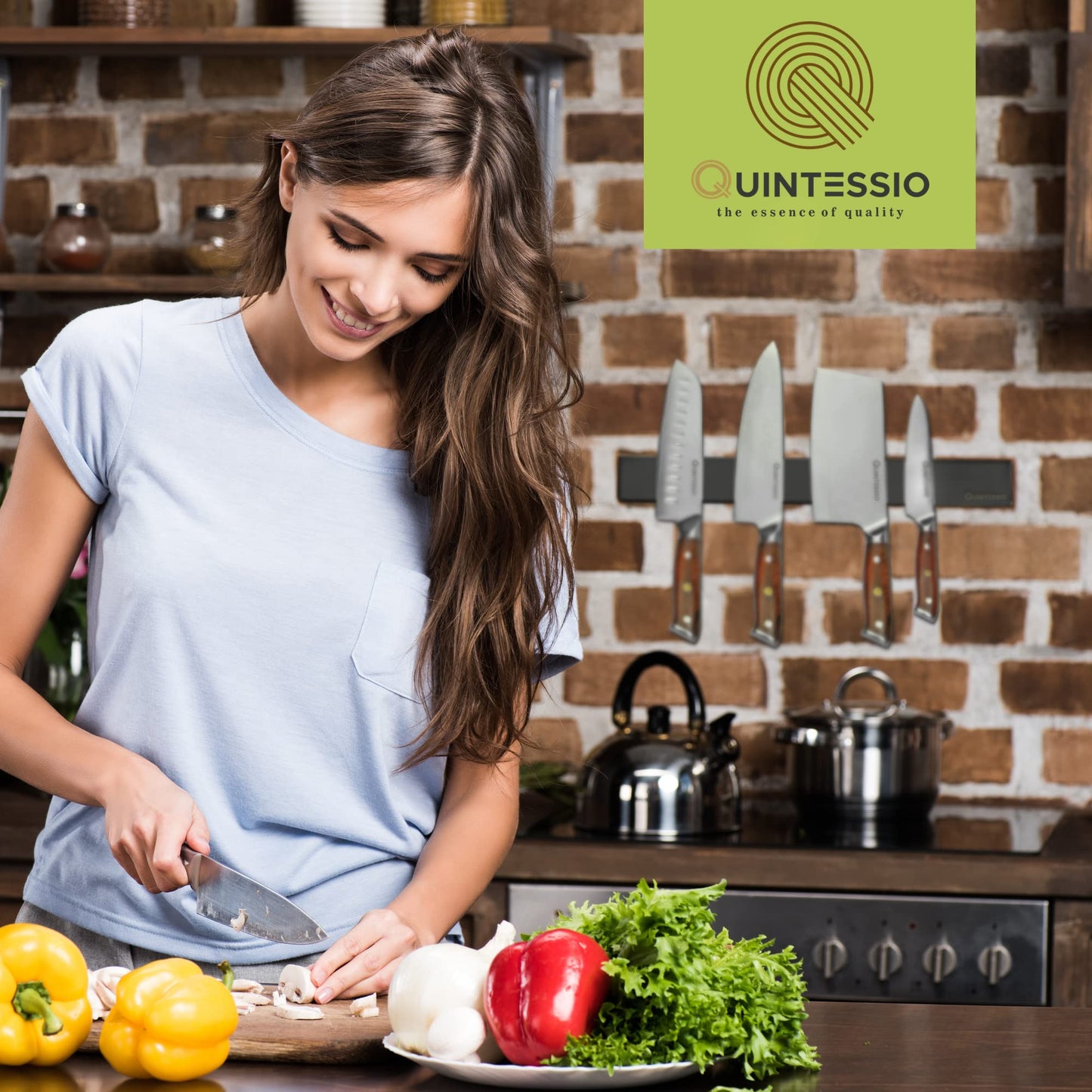 QUINTESSIO - Magnetic Knife Strip Stainless Steel - Self-adhesive or drillable knife holder - 40 cm magnetic knife strip - Kitchen knife magnetic holder - Black