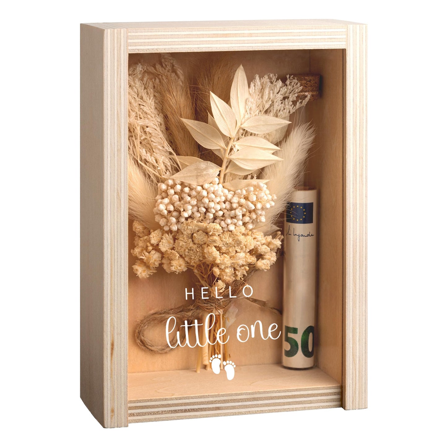 Buy by Brothers money box, money gift box, money gift, Hello Little One, baby boy/girl birth gift, wooden box+dried flowers+test tube, muted green, rusty orange, tan.