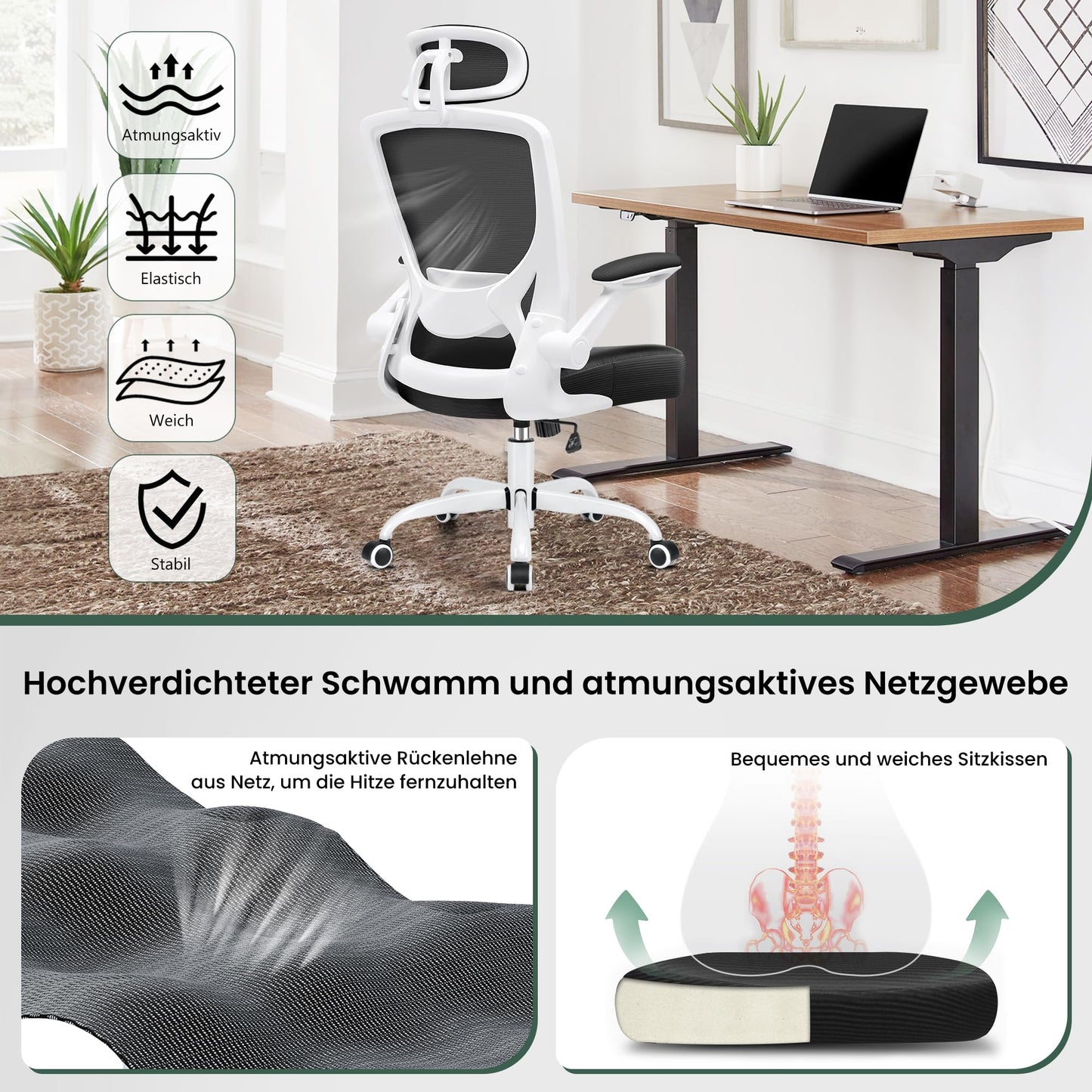 KERDOM Office Chair Desk Chair Ergonomic, Executive Chair with Adjustable Headrest, Armrests, Swivel Chair Tilt Function up to 135° Office Chair 150 kg White