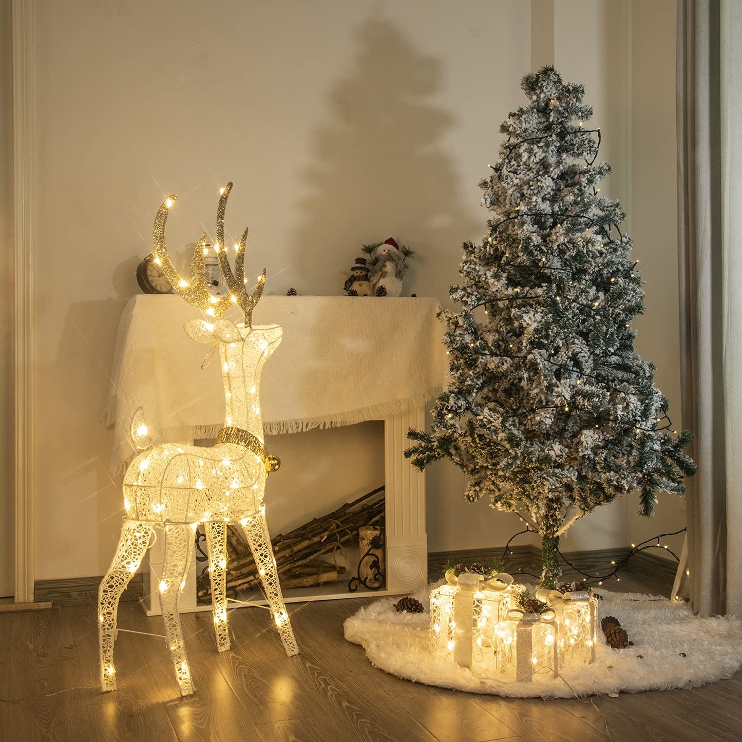 Illuminate your home this holiday season with this charming 1.2M golden and white iron frame LED reindeer decoration. Perfect for both indoor and outdoor use, this glowing Christmas decor will bring warmth and cheer to your space.