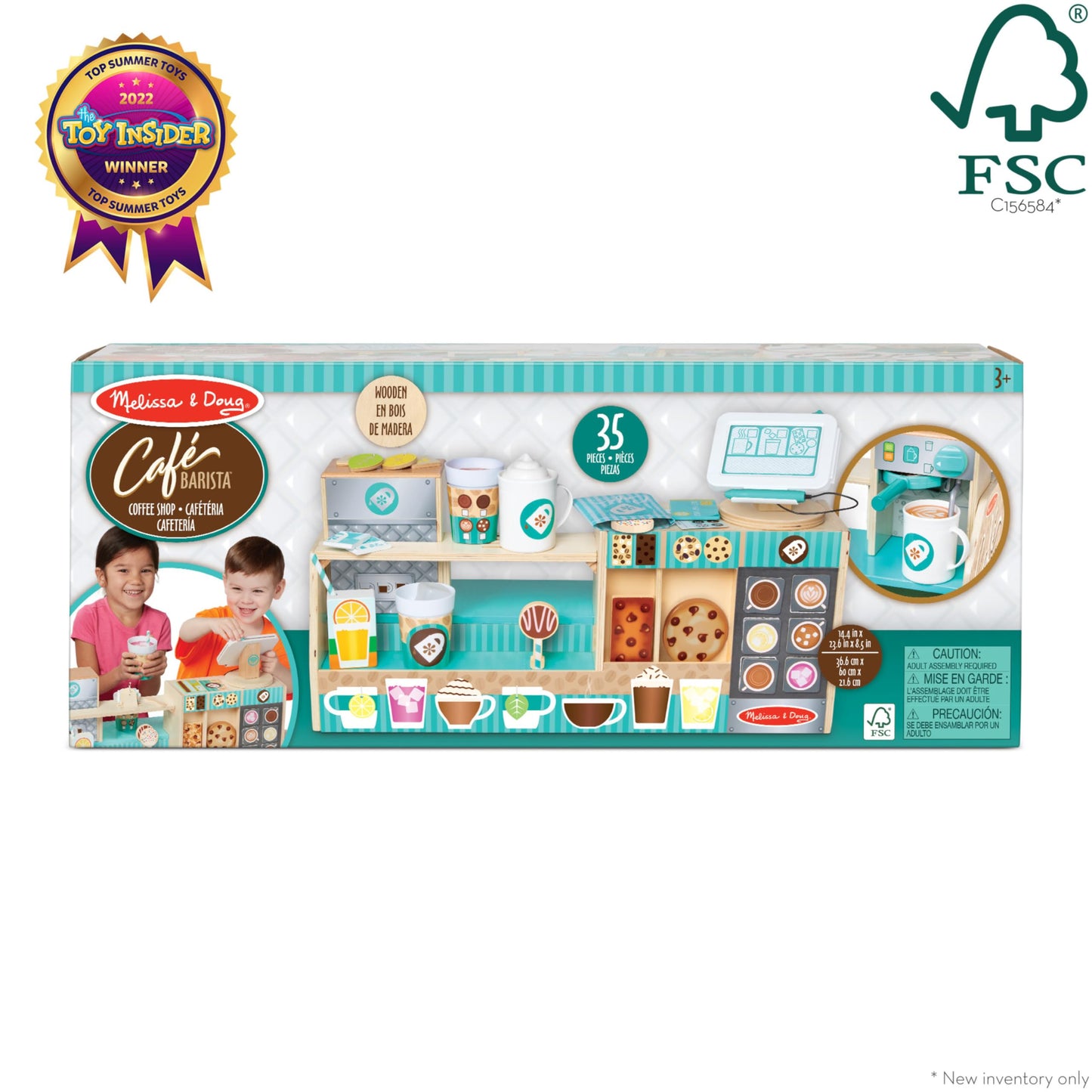 Melissa & Doug Coffee Shop, wooden coffee bar with 35 accessories for realistic role play, for children 3+. FSC certified.