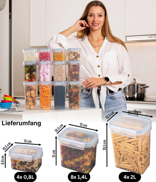 Deco home® Storage containers 16 set - kitchen storage box airtight containers - plastic storage containers with lid - storage jars for storing pasta, cereal, flour, etc.