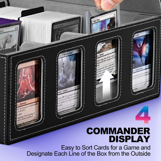UAONO Trading Card Storage Box for Commander display, 2400+ MTG deck box with 4 toploaders, TCG card case suitable for Magic PTCG sports cards (black & gray)