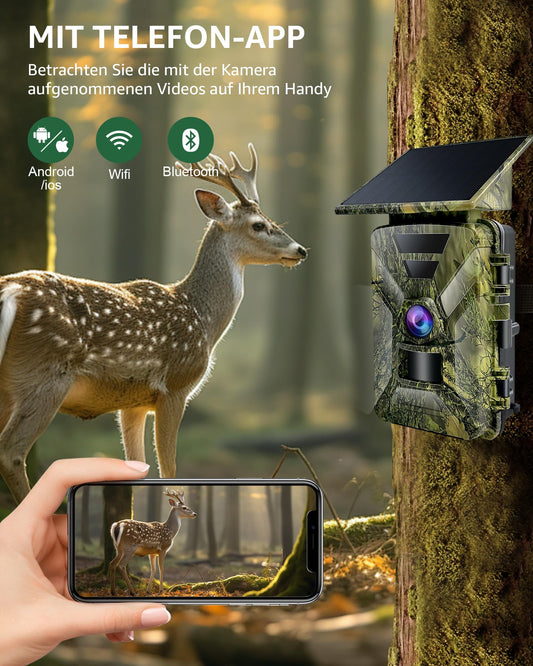 HAZA trail camera with solar panel and WiFi, 5200mAh battery, 4K HD video, Bluetooth, night vision, motion sensor, and 64GB SD card. IP66 waterproof for outdoor use. Download app for smartphone viewing.