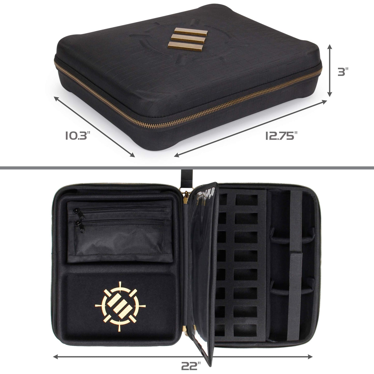 ENHANCE RPG Organizer Case - D&D folder with integrated character sheet holder, dice rolling area, removable pen pocket, miniature foam storage (Black)