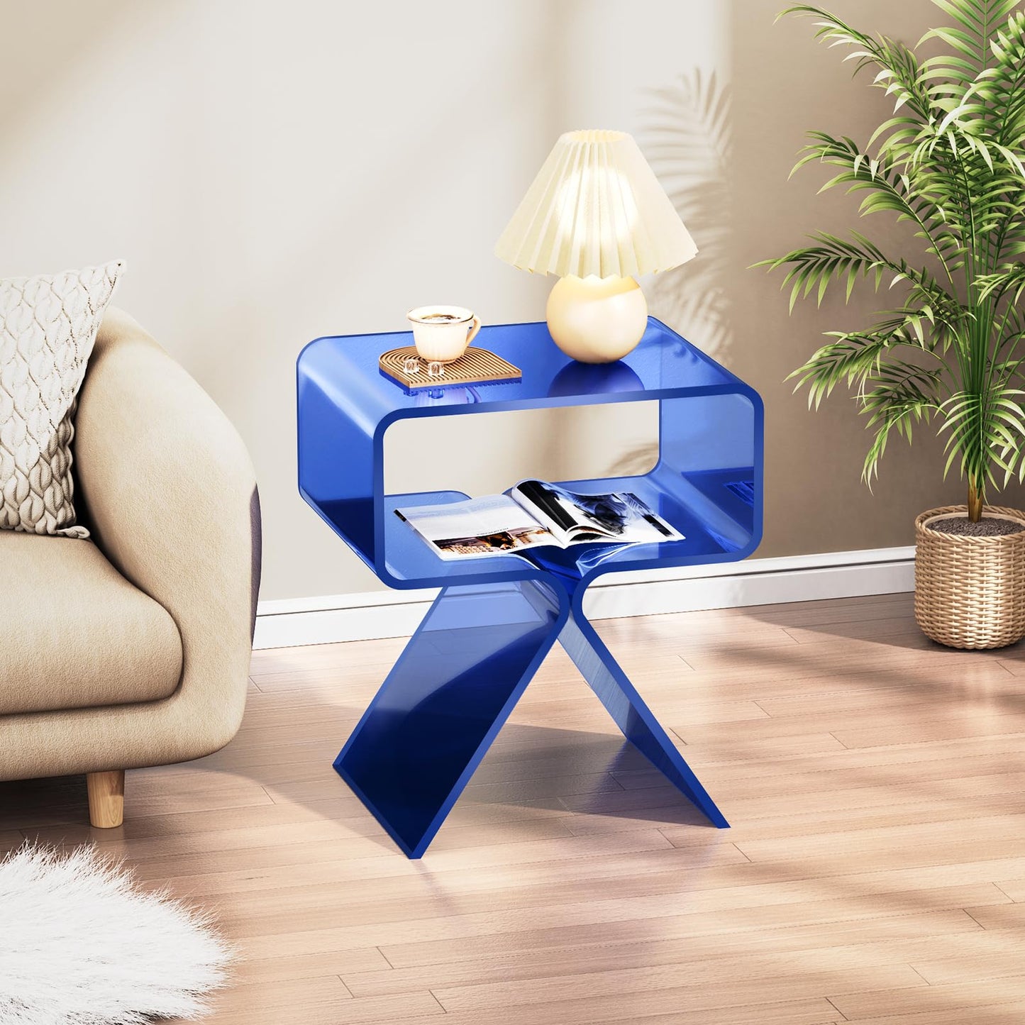 solaround Acrylic Nightstand Side Table, Modern Design Clear Home Decor Display End Table (Dark Blue)