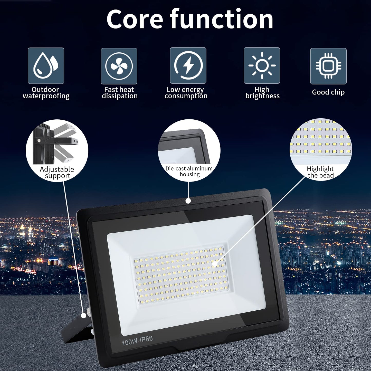 100W Floodlight: 6000K Cool White Super Bright 10000LM IP66 Waterproof LED spotlight for backyard/stadium/workshop outdoor lighting (4pcs, 100W)