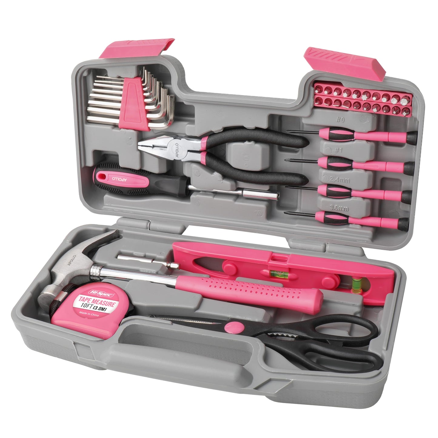 Apollo Pink Women's Tool Kit Small, 39-piece tool set for the household, tool kit set with tools in pink, including hammer and screwdriver set - Ideal gift for women.