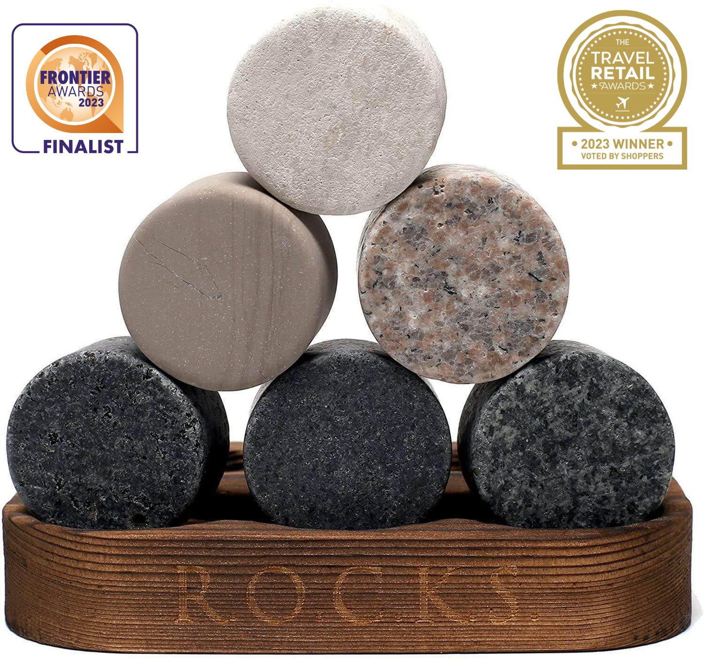 Whiskey Stones Gift Set- 6 Handcrafted Premium Granite Stones- Presentation & Storage Tray Made of Hardwood R.O.C.K.S.