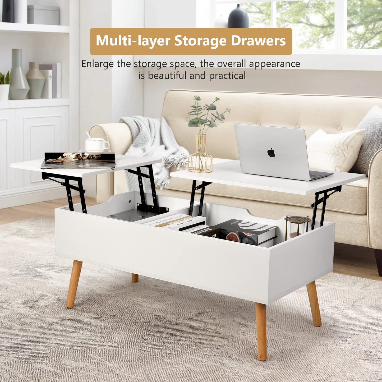 VOWNER Coffee Table, Adjustable Height, Extendable, Retractable, Separate Hidden Storage, Double Lift Top, Living Room Table, White.