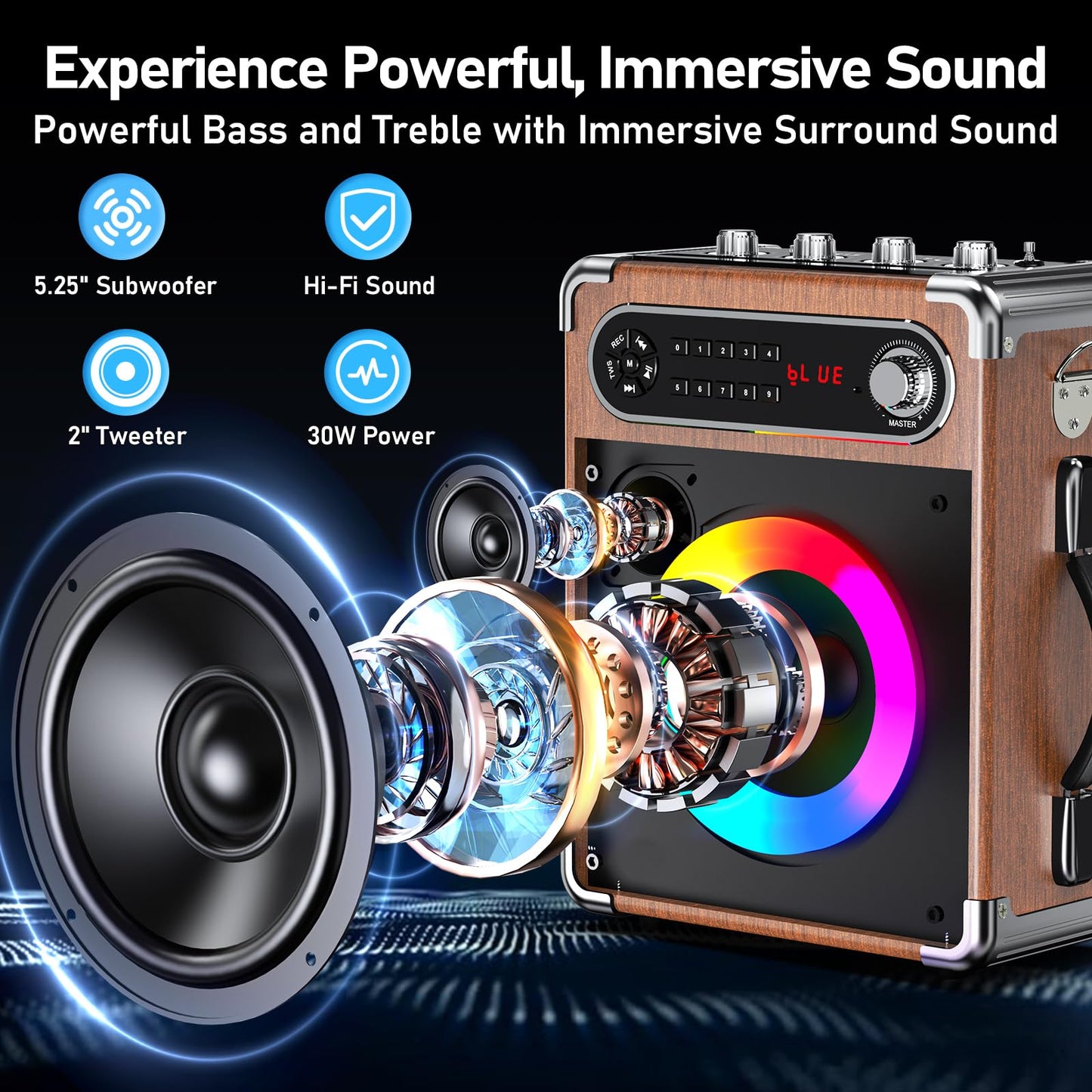 JYX Karaoke system with 2 wireless microphones, Portable PA system Karaoke speaker with adjustable treble/bass and LED lights, Supports TWS, USB/TF/FM radio, Recording function, Perfect for parties, indoors, and outdoors.