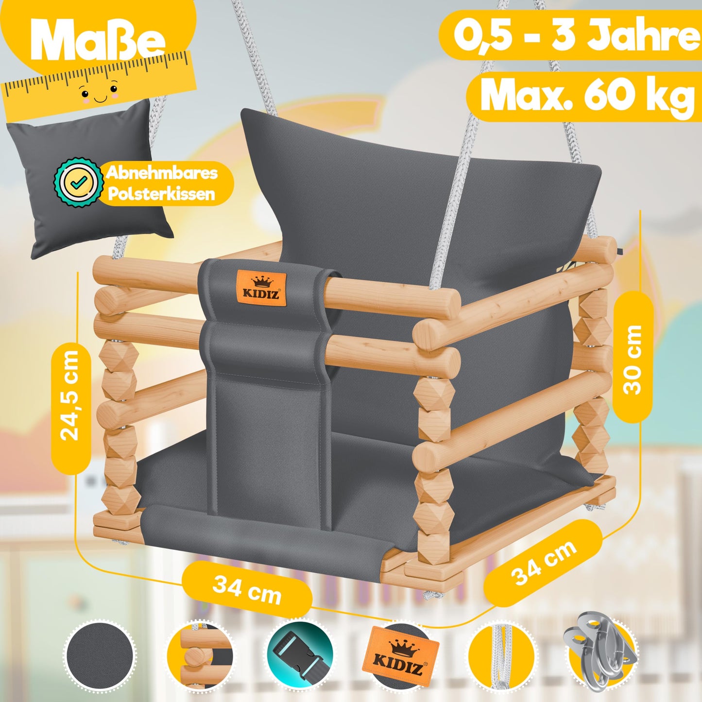 KIDIZ® Baby Swing Seat with Padding | Wooden Swing with Anti-Tip up to 60KG | Adjustable Height Indoors & Outdoors | 0.5-3 years | Mounting Accessories & Safety Belt Anthracite