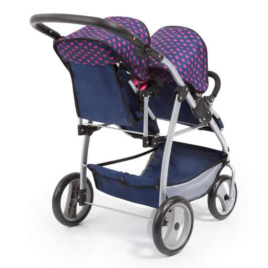 Bayer Design 26554AA Twin Dolls Pram, modern, adjustable handle, foldable, with unicorn design, blue pink, 46 cm