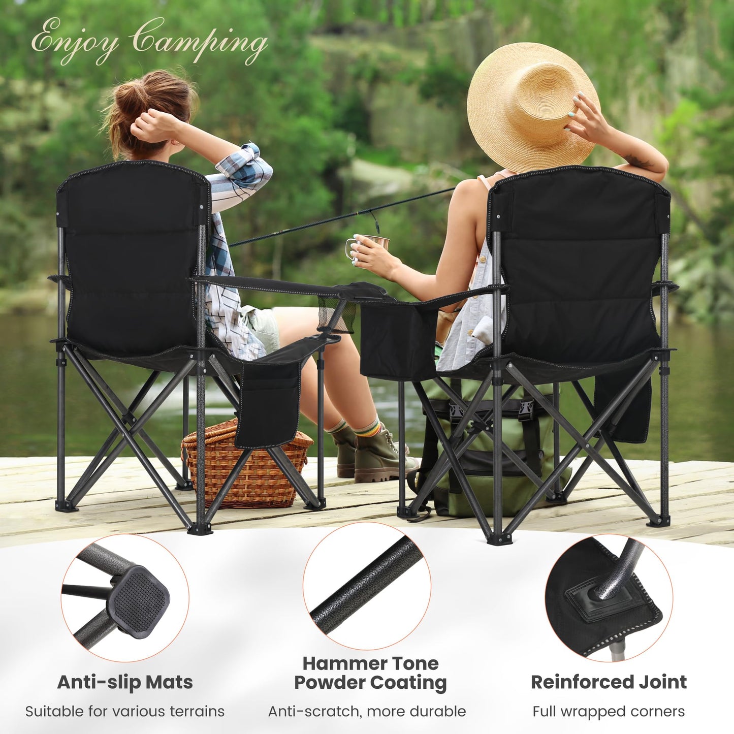 HIGH POINT SPORTS Folding Camping Chair 2-Pack 440lbs Foldable Padded Chair with Cup Holders XXL Folding Fishing Chair with Armrests Outdoor Chair Black