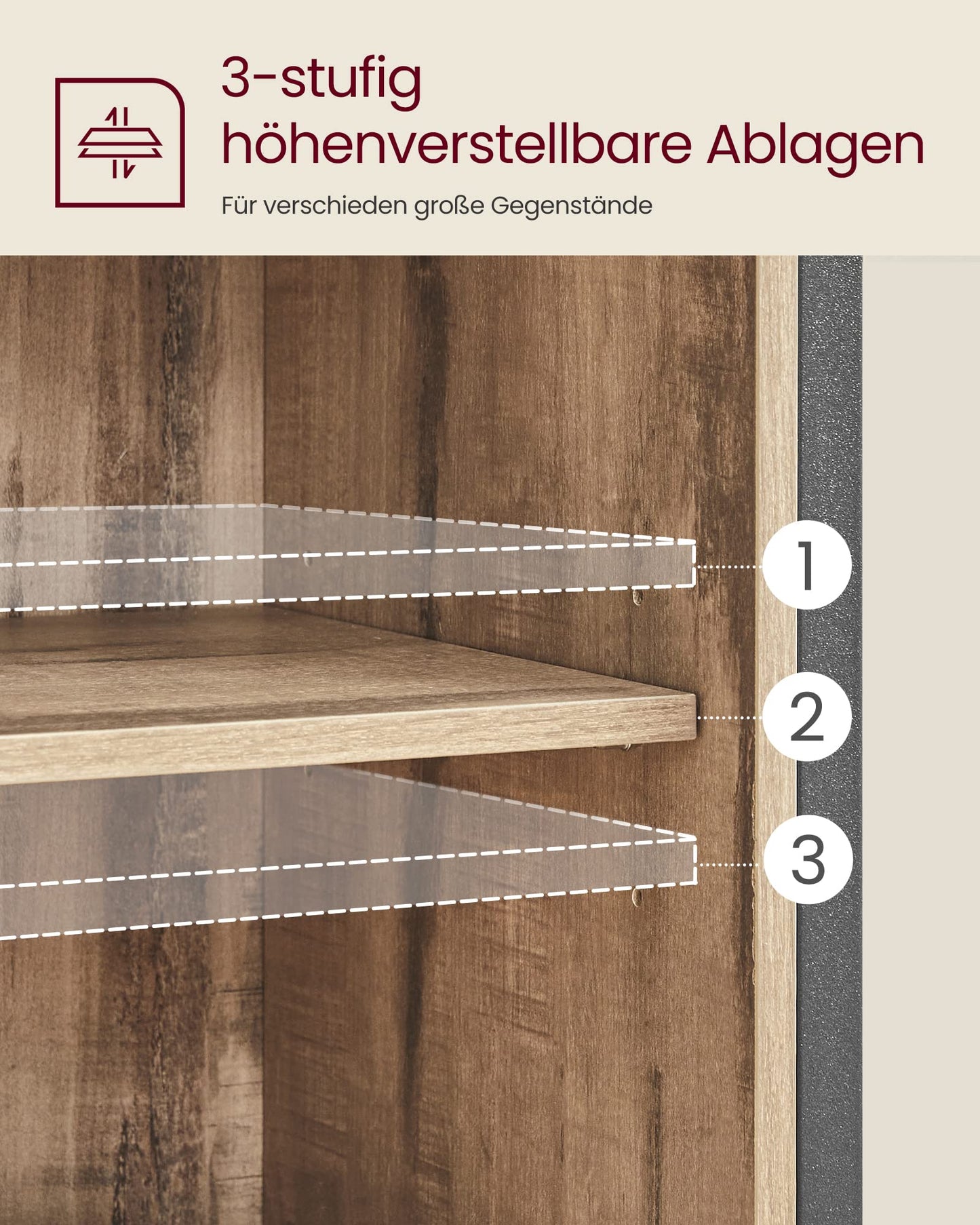VASAGLE sideboard, kitchen cabinet, storage cabinet, with sliding door, 30 x 70 x 80 cm, adjustable shelf, open compartment, country style, for living room, oak brown-black LSC089B50