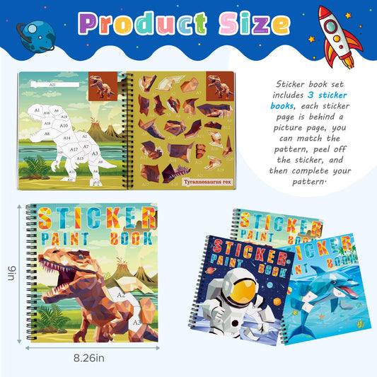 TCJJ 3Pcs Dinosaur Sticker Book for Kids 4-10 years old, 30 picture sticker book for girls by number, children's sticker books to improve intelligence, for Christmas gifts, school.