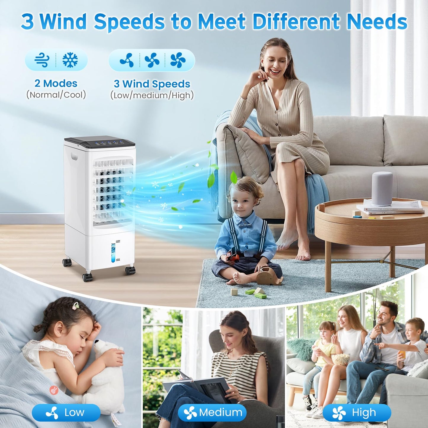 Air Conditioning Portable Air Cooler with Water Cooling Air Conditioning Without Exhaust Hose 60W Evaporative Cooler Oscillating 6L Water Tank 7h Timer 3 Cooling Packs