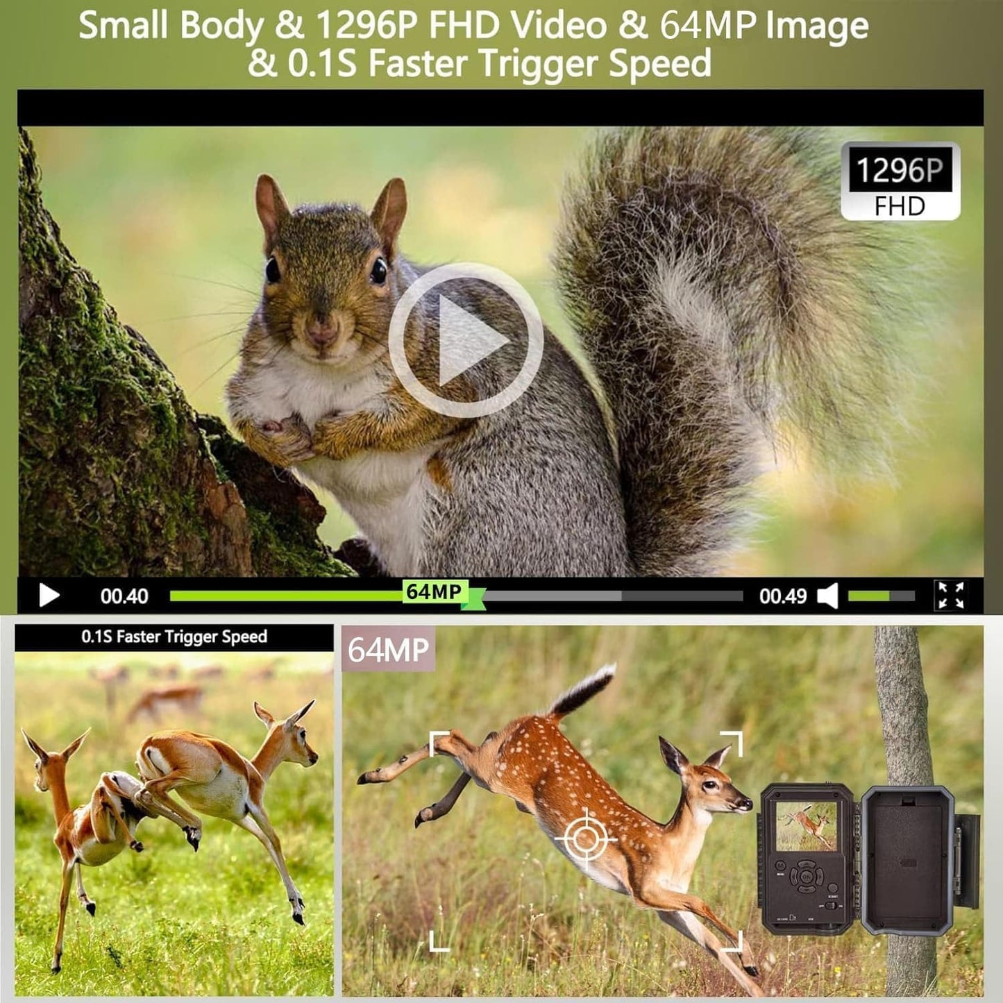 BlazeVideo WiFi Trail Camera with App, Wildlife Camera Night Vision Photo Trap 64MP 1296P Connect through APP Bluetooth Antenna with Night Vision Motion Sensor.