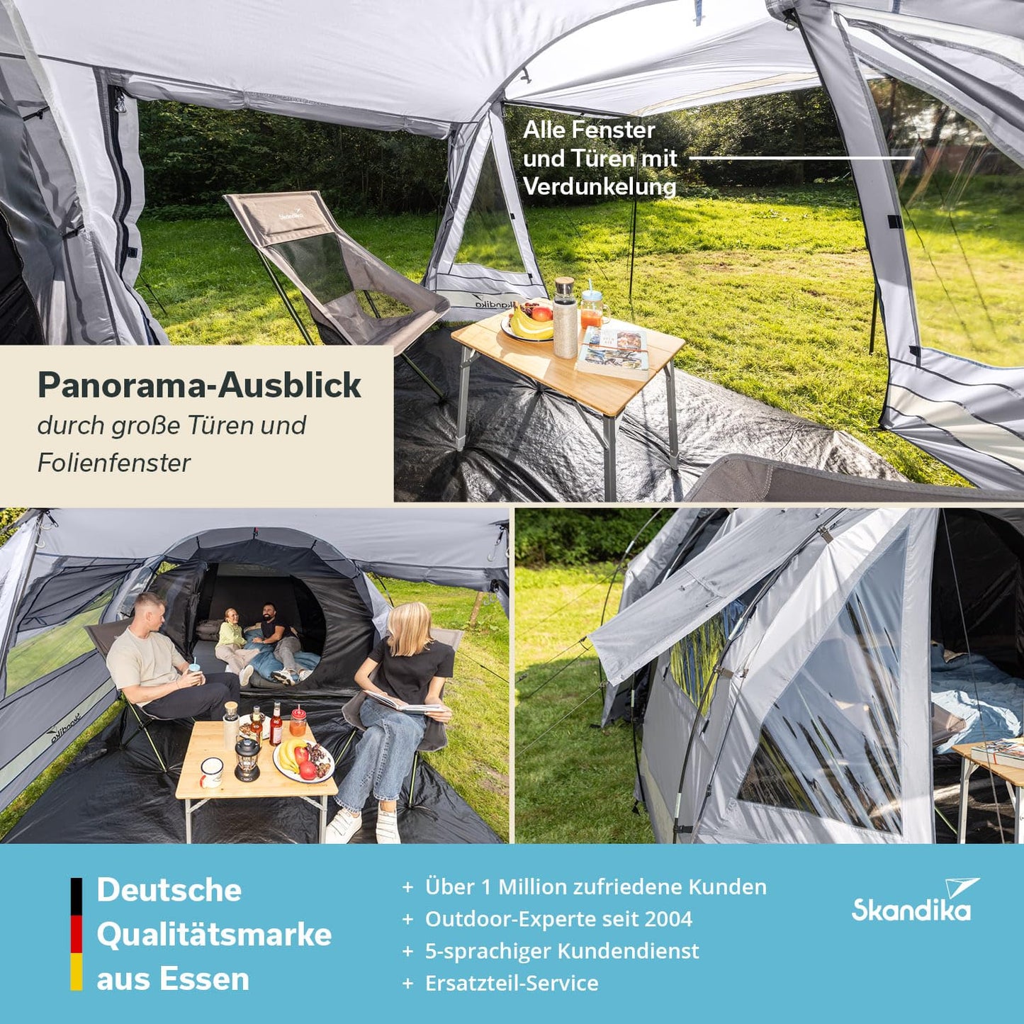 Skandika Kambo tunnel tent for 4 people | tent with sleeping cabin for 4 men, waterproof with 3000mm water column, 3 entrances, sunshade, awning | camping tent in grey/beige