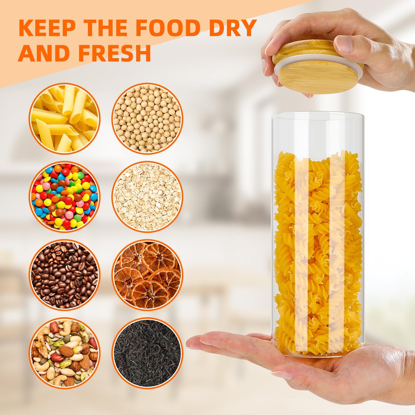 Lannvan Glass Storage Jars with Lid, 8-piece Set, airtight Glass Storage Containers with Wooden Lid for Pasta, Cereals, Granola, Beans Storage - 4x 800ml + 4x 400ml.