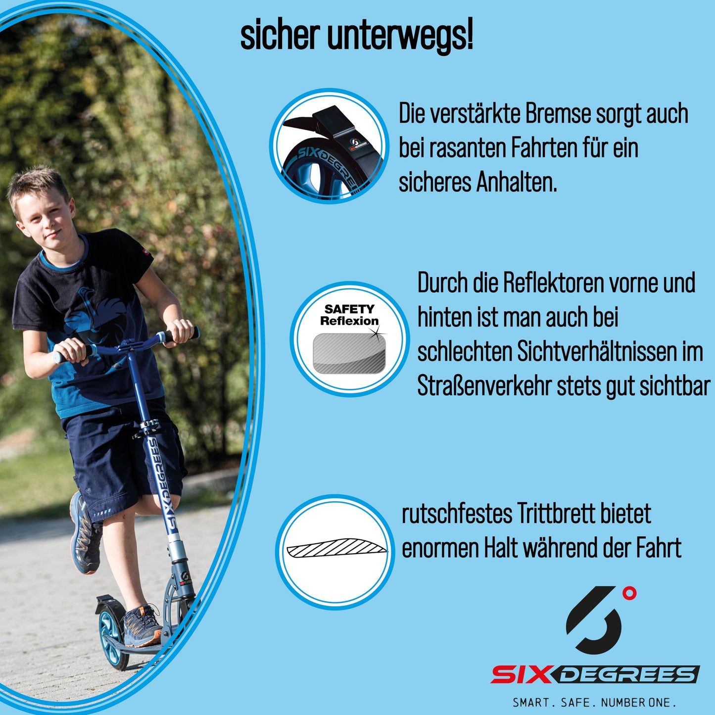 Six Degrees Aluminum Scooter with folding mechanism and stand, 205 mm, height adjustable, GS tested, blue, TEST WINNER