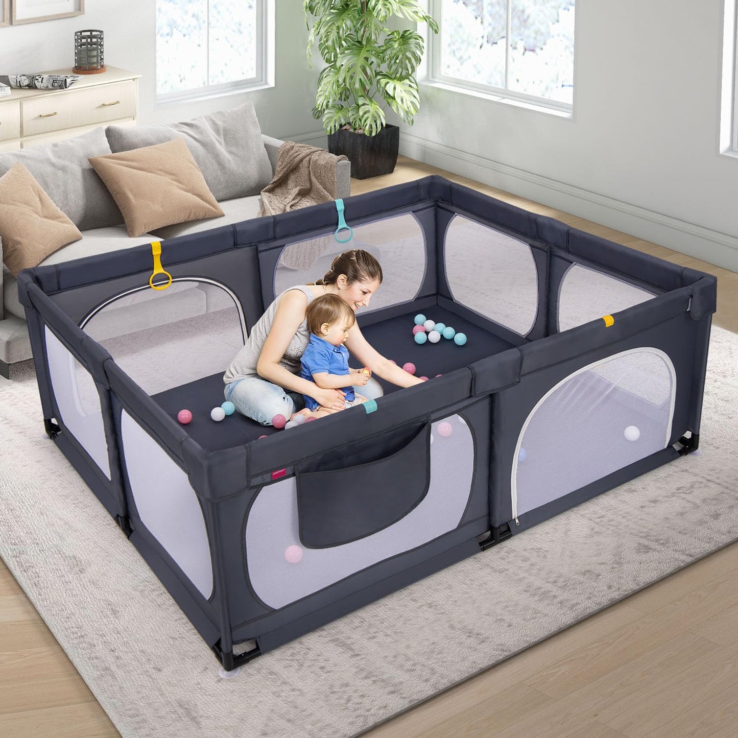 DREAMADE Playpen for Baby, 189 x 158 cm Play Yard with 4 Pull Rings & 50 Ocean Balls & Carrying Bag, Large Safety Fence for Babies & Toddlers 0-3 Years (without Mattress, Dark Gray)