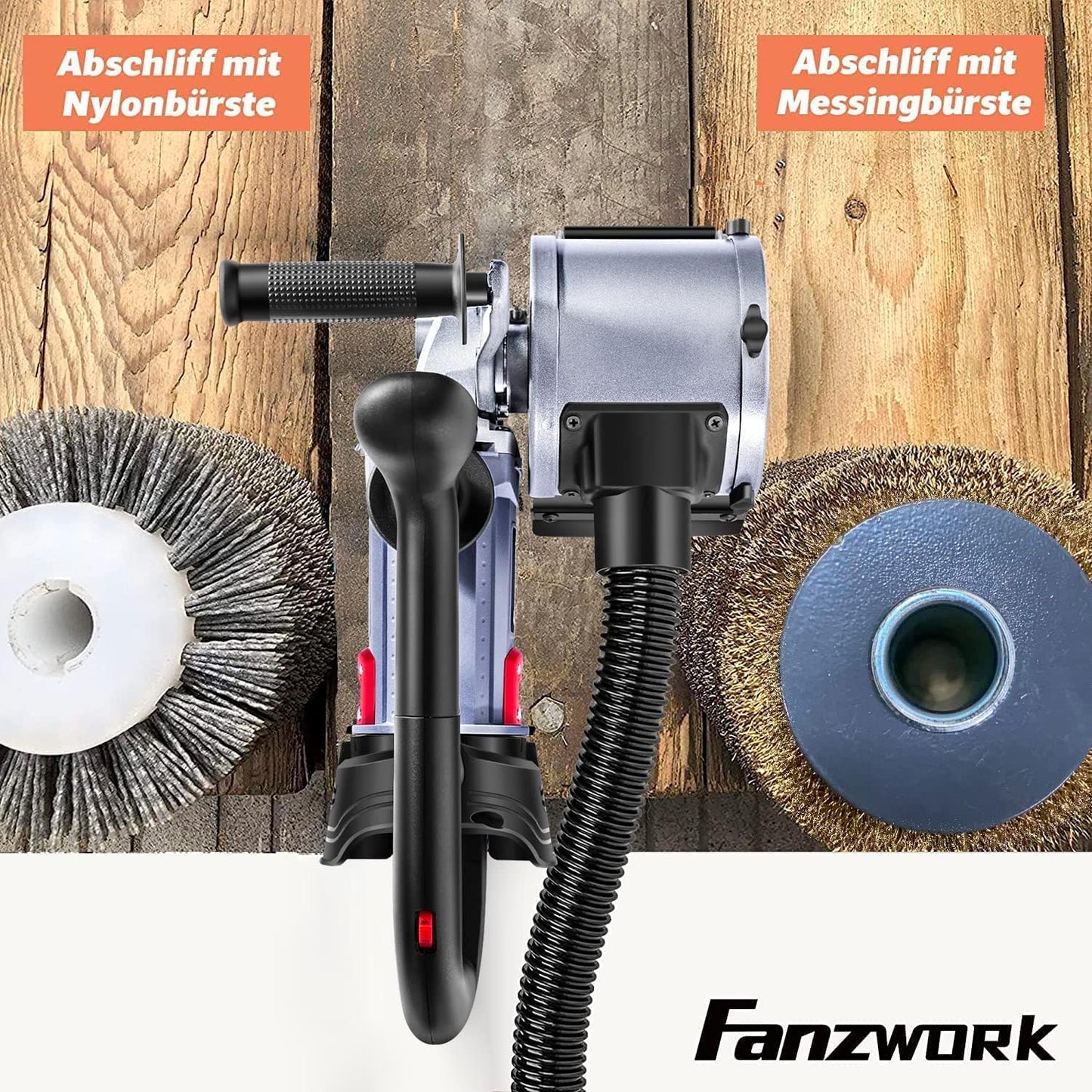 FANZWORK V2 1500 Watt Satiniermaschine for renovating all kinds of surfaces, with dust extraction connection, speed control, ball handle, steel wire & nylon & sandpaper brush.