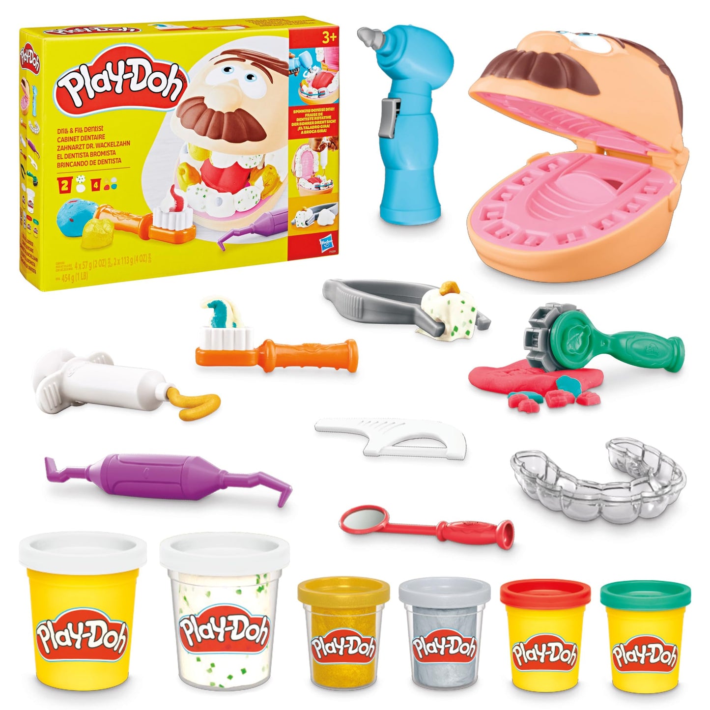 Play-Doh Dentist Dr. Wackelzahn Craft Set with 8 x 56g Tubs and 10 tools for shaping, with cavity clay and metallic clay, creative fun for kids.